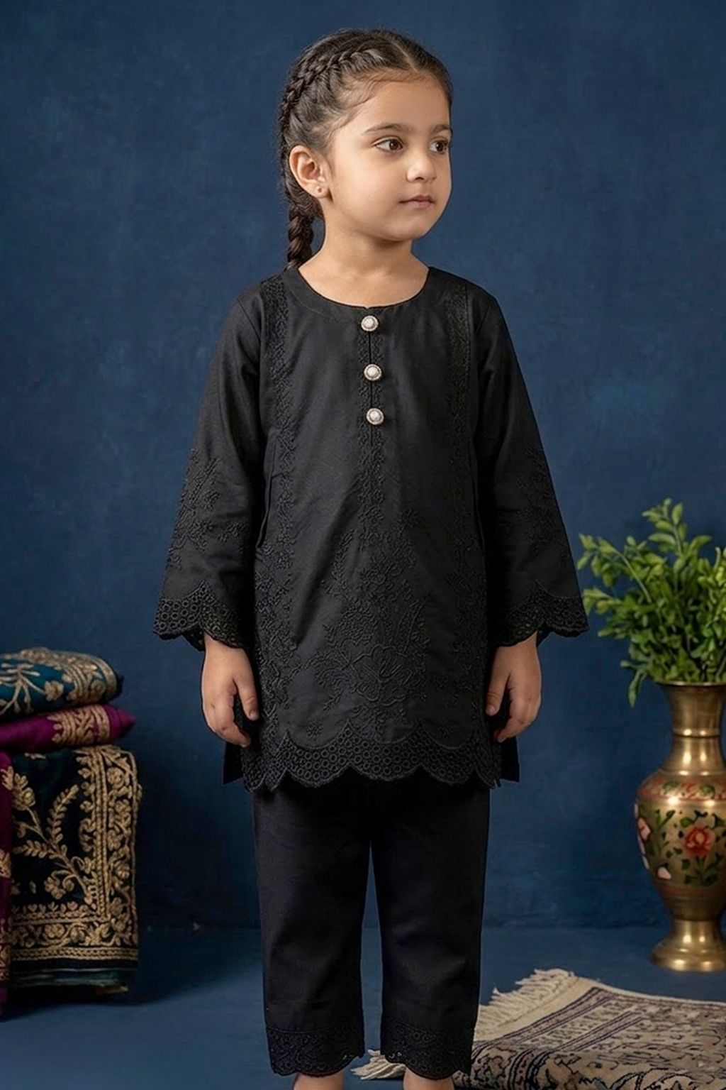 Jet Black Embroidered Cotton Jacquard Short Kurta for Girls