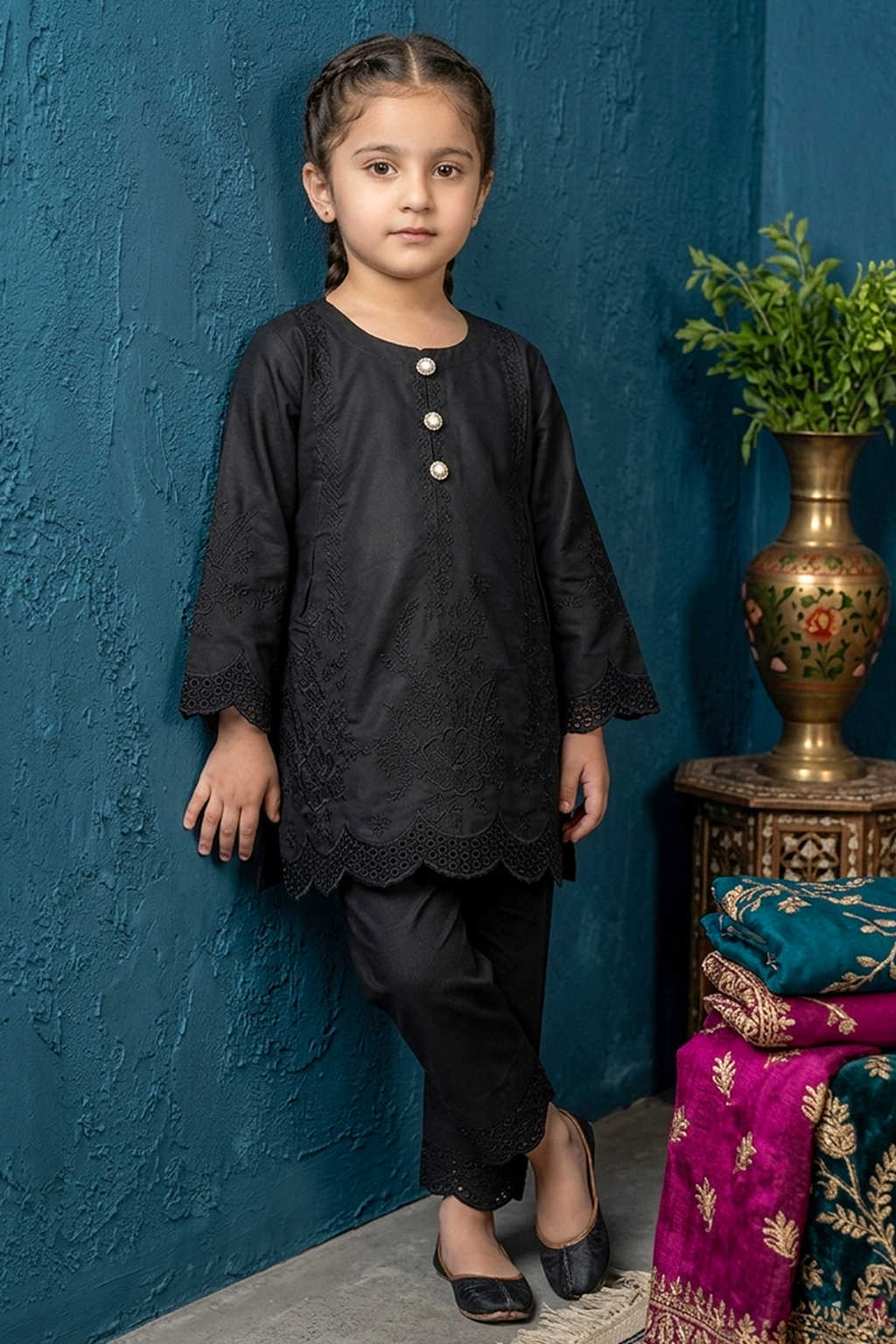 Jet Black Embroidered Cotton Jacquard Short Kurta for Girls