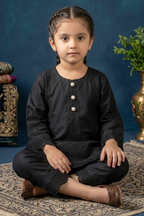 Jet Black Embroidered Cotton Jacquard Short Kurta for Girls