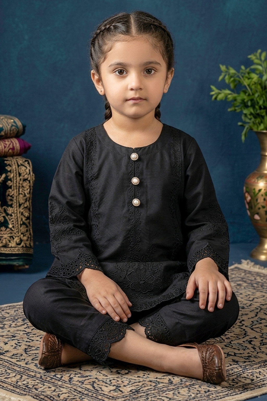 Jet Black Embroidered Cotton Jacquard Short Kurta for Girls