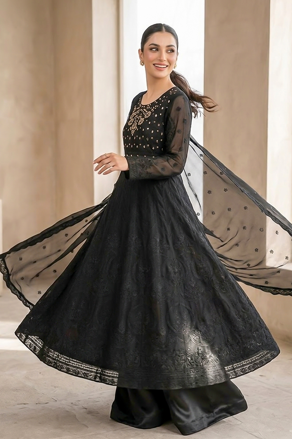 Jet Black Embroidered Formal Maxi Dress with Embroidered Dupatta & Trouser