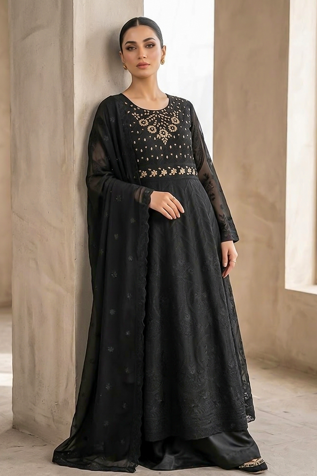Jet Black Embroidered Formal Maxi Dress with Embroidered Dupatta & Trouser