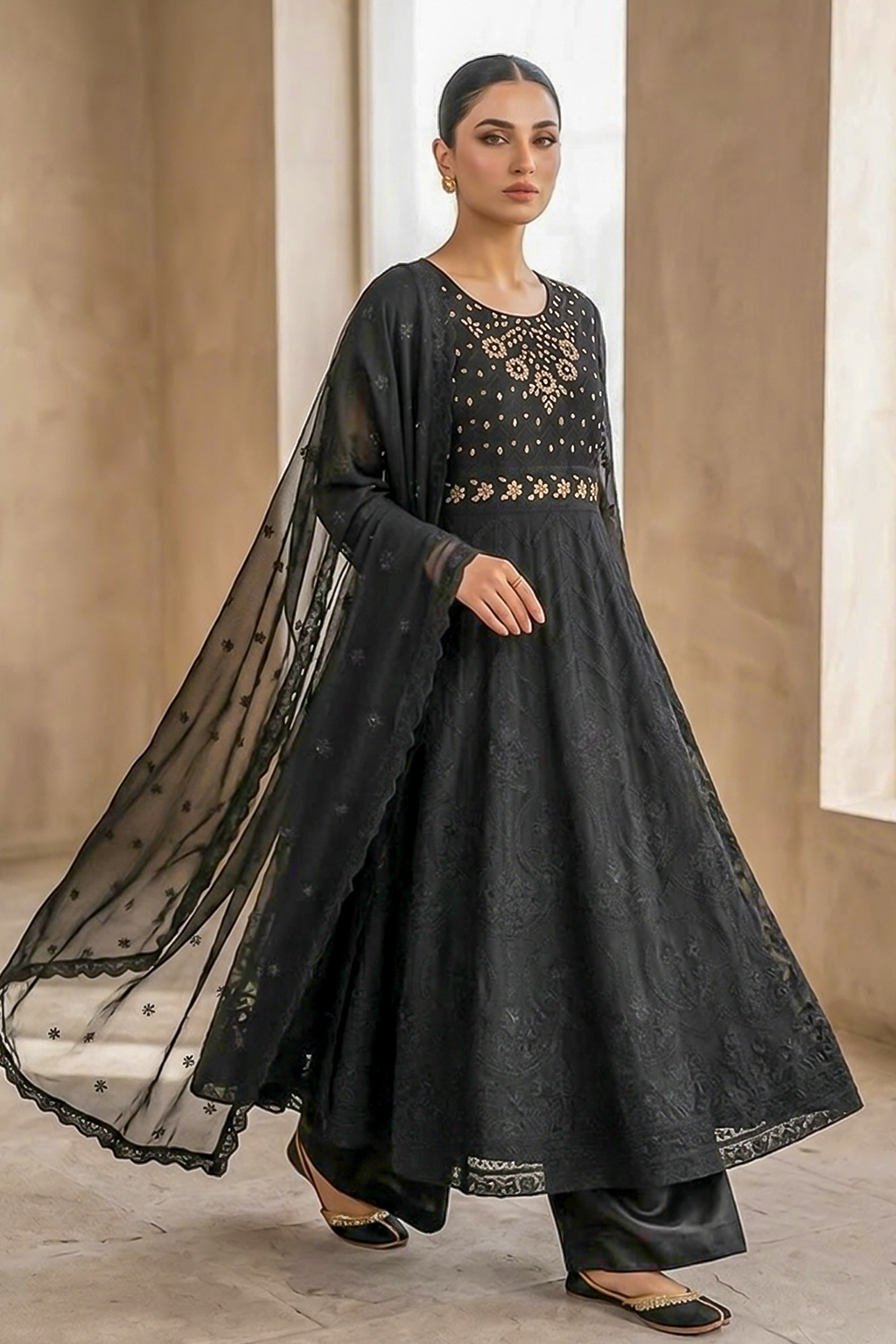 Jet Black Embroidered Formal Maxi Dress with Embroidered Dupatta & Trouser