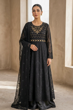 Jet Black Embroidered Formal Maxi Dress with Embroidered Dupatta & Trouser