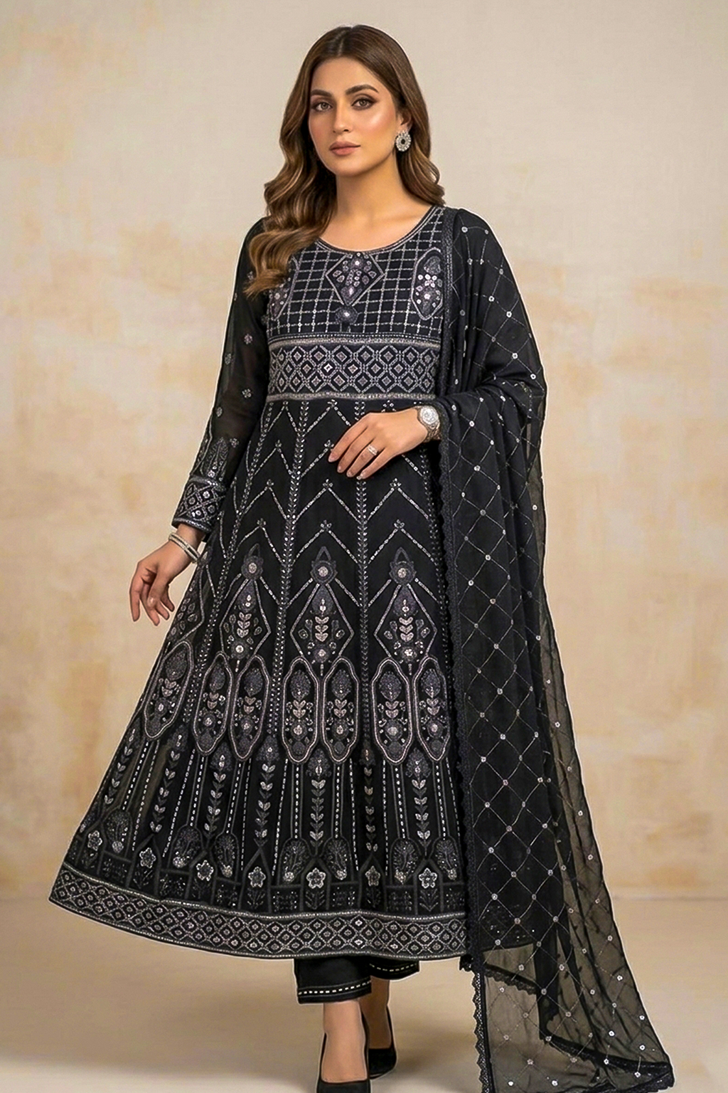 Charcoal Black Luxury Embroidered Formal Maxi Dress with Embroidered Dupatta & Trouser