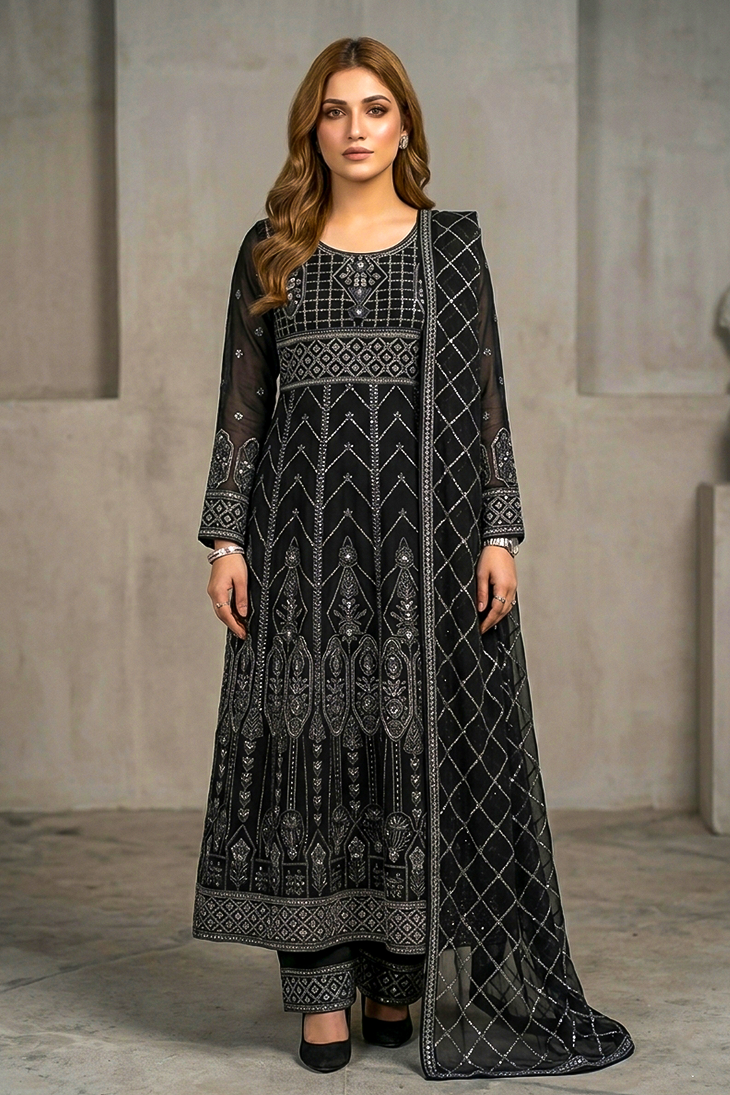 Charcoal Black Luxury Embroidered Formal Maxi Dress with Embroidered Dupatta & Trouser