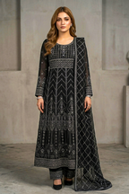 Charcoal Black Luxury Embroidered Formal Maxi Dress with Embroidered Dupatta & Trouser