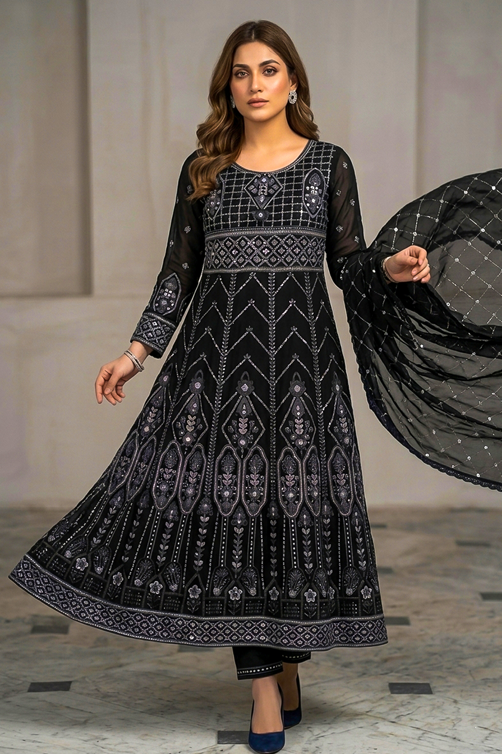 Charcoal Black Luxury Embroidered Formal Maxi Dress with Embroidered Dupatta & Trouser