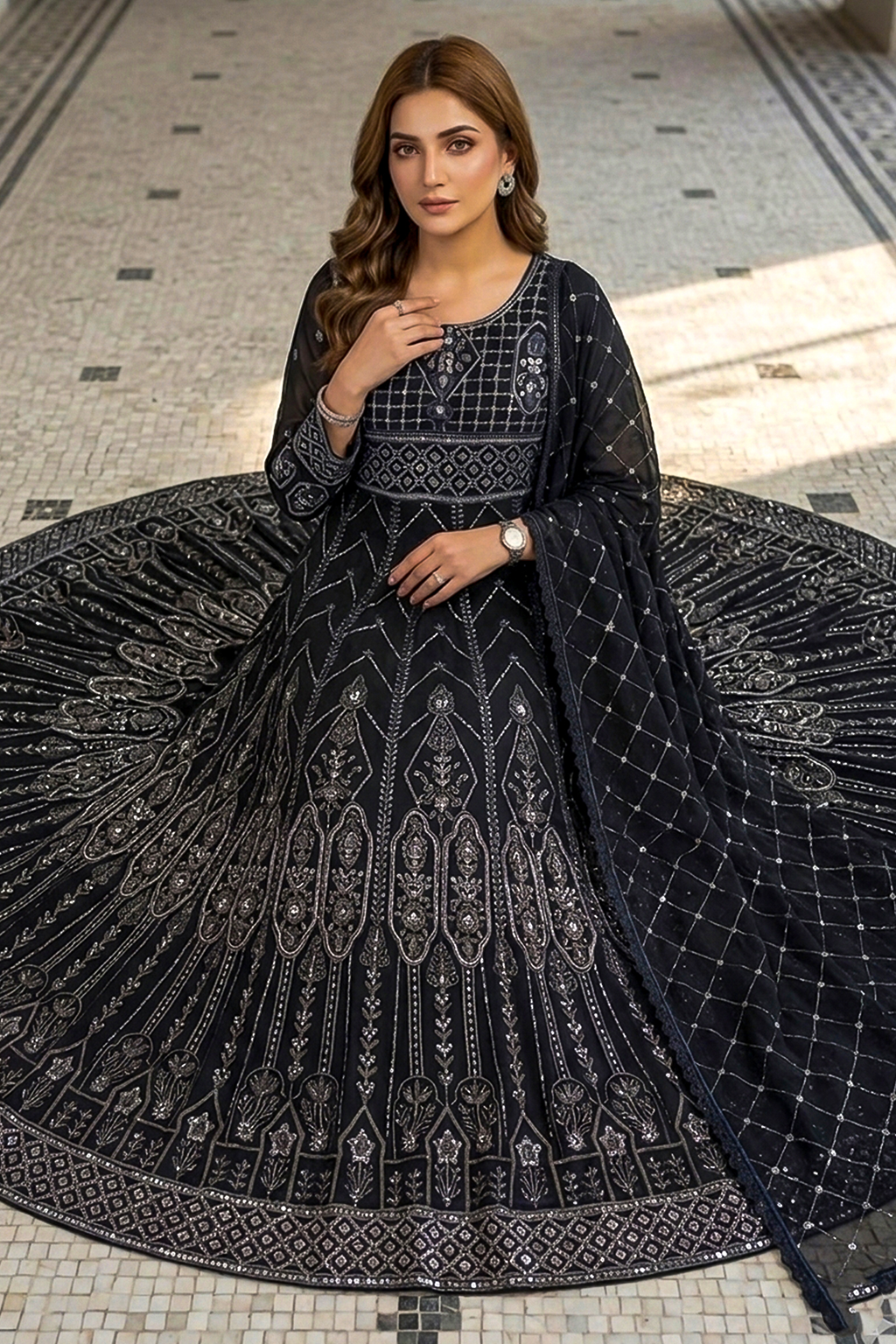 Charcoal Black Luxury Embroidered Formal Maxi Dress with Embroidered Dupatta & Trouser