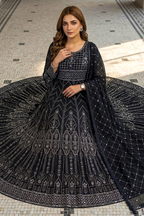 Charcoal Black Luxury Embroidered Formal Maxi Dress with Embroidered Dupatta & Trouser