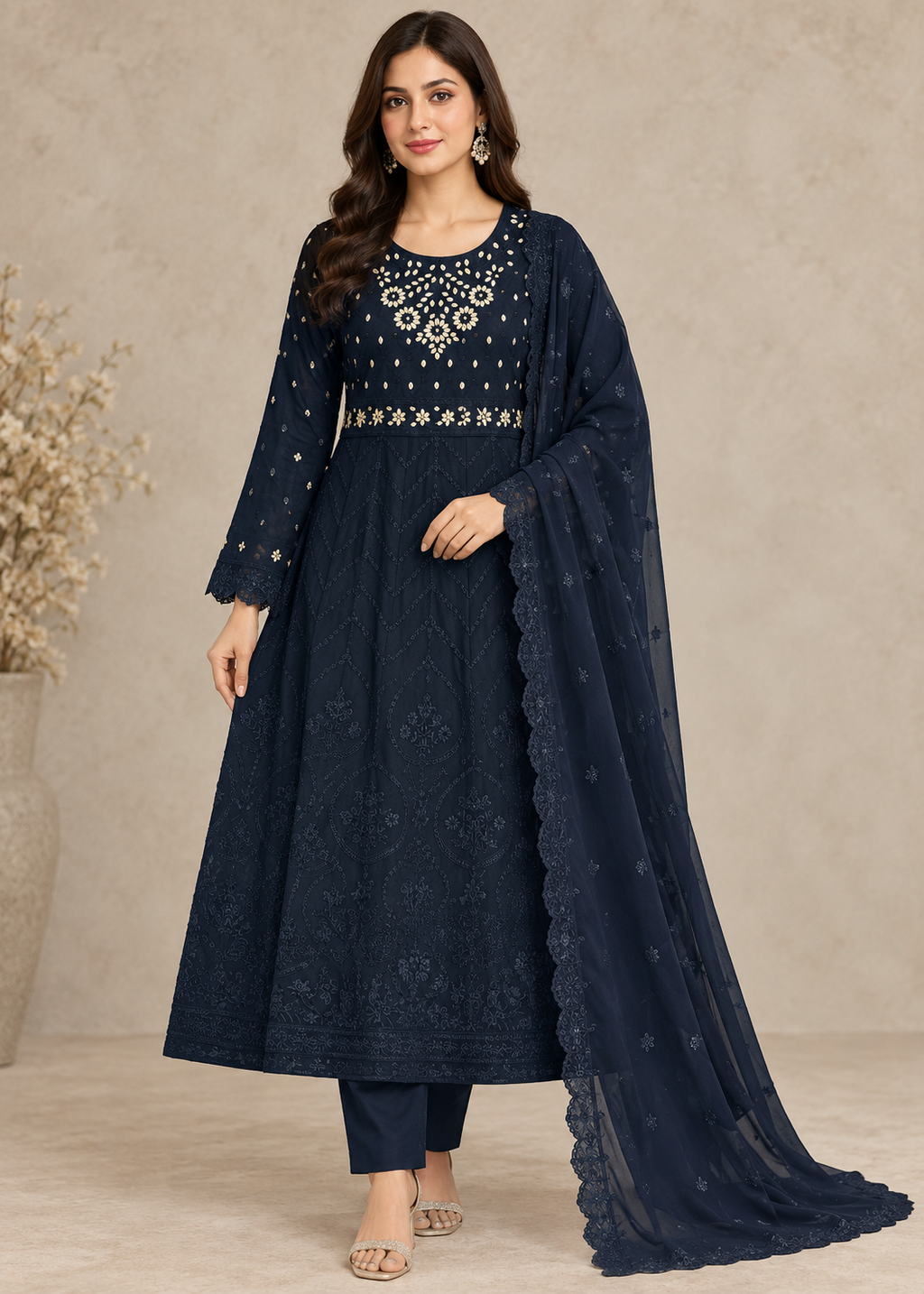 Noir Muse – Blue Luxury Chiffon Maxi 3PC Set with Embroidered Dupatta & Silk Trouser
