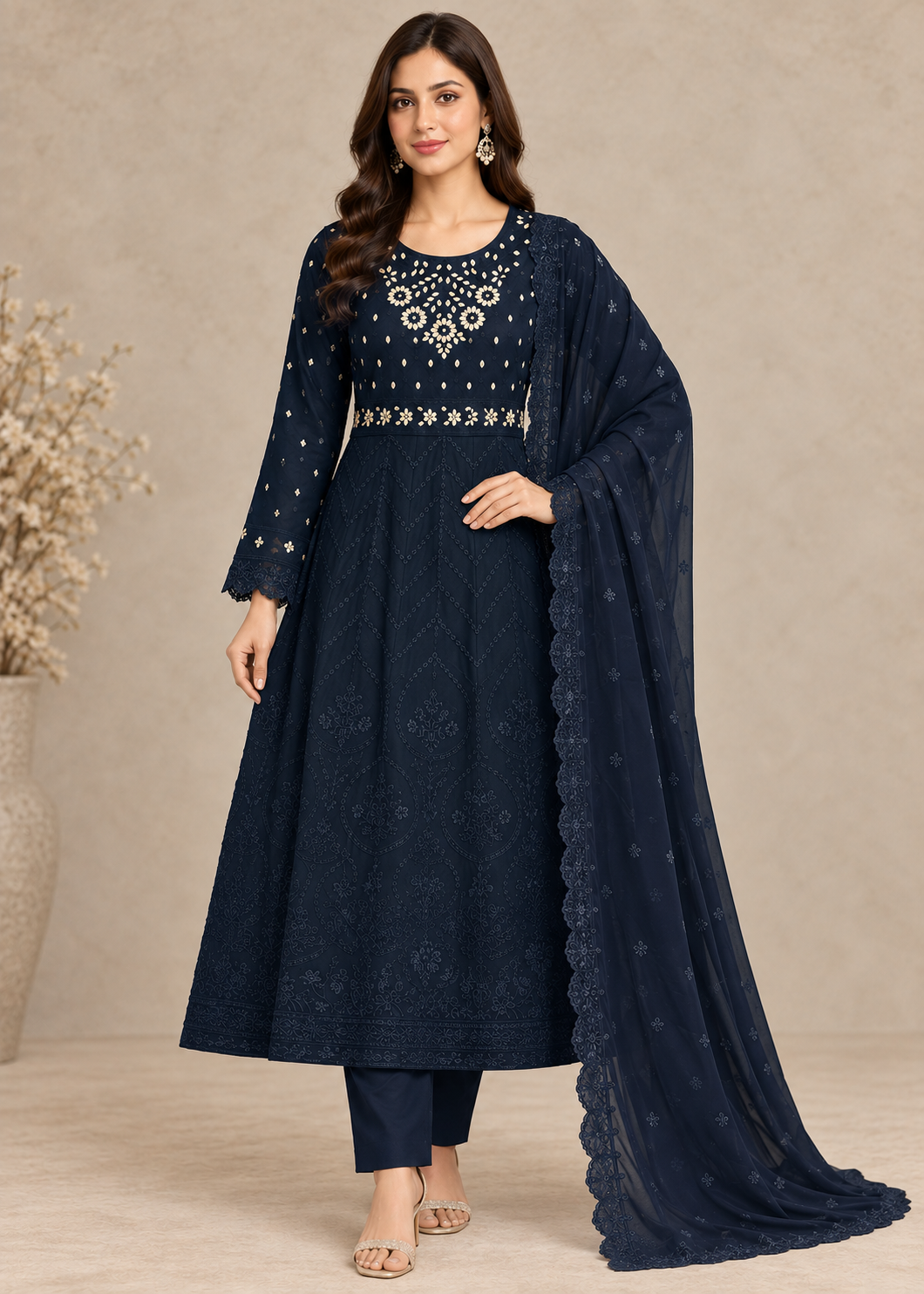 Noir Muse – Blue Luxury Chiffon Maxi 3PC Set with Embroidered Dupatta & Silk Trouser