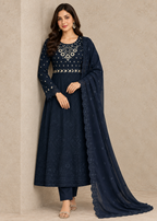 Noir Muse – Blue Luxury Chiffon Maxi 3PC Set with Embroidered Dupatta & Silk Trouser