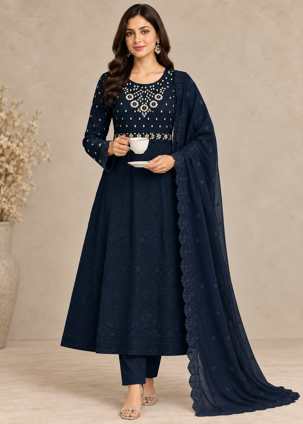 Noir Muse – Blue Luxury Chiffon Maxi 3PC Set with Embroidered Dupatta & Silk Trouser