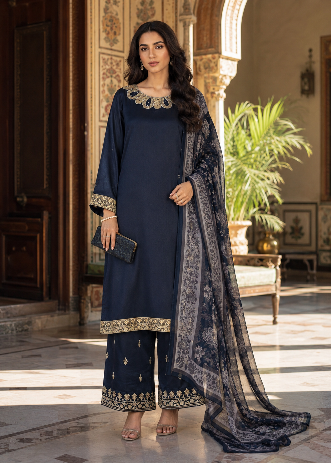 Shadow Whisper – Black Premium Embroidered Silk 3PC Set