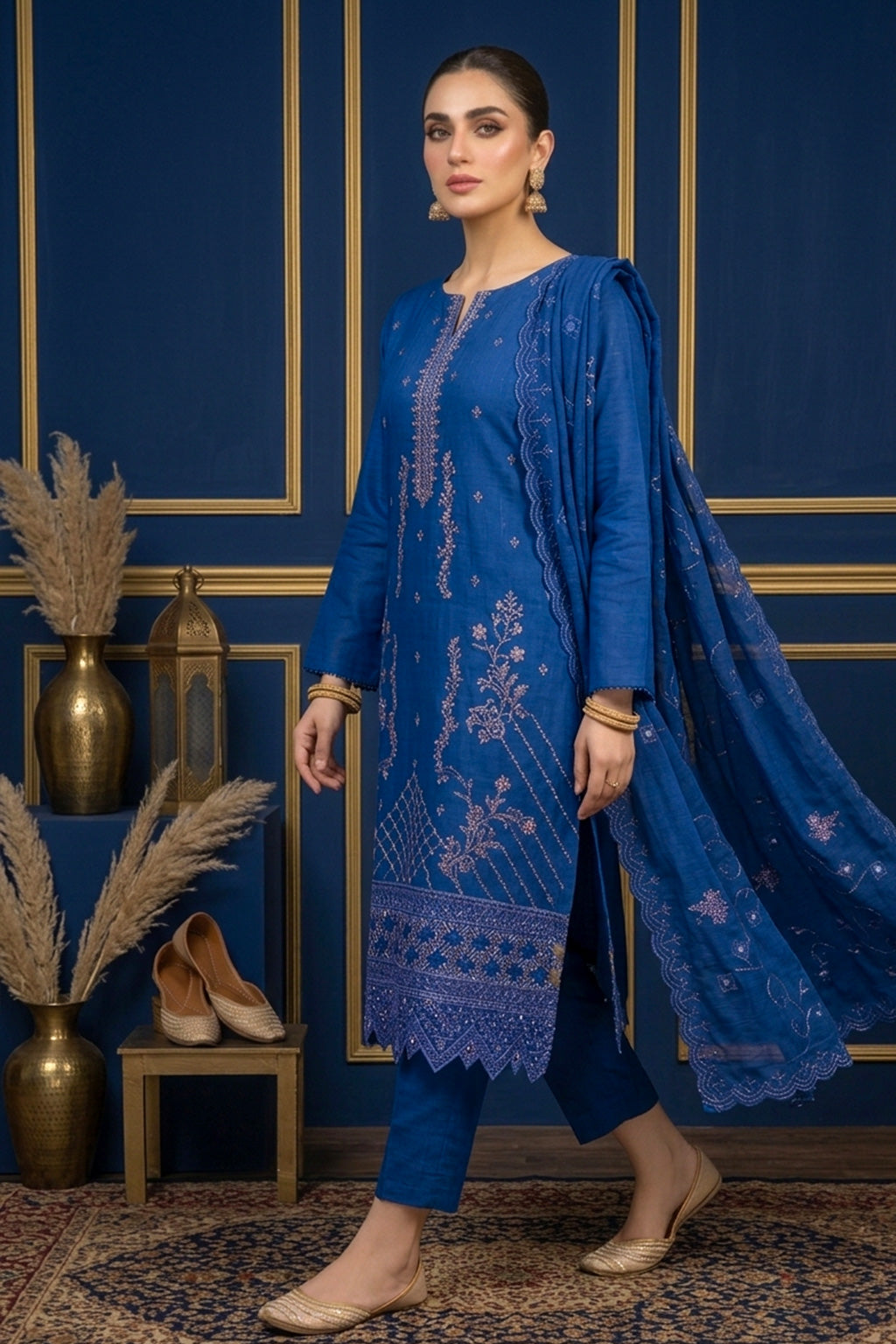 Cobalt Blue – Premium Unstitched Embroidered Lawn 3PC Dress with Printed Dupatta