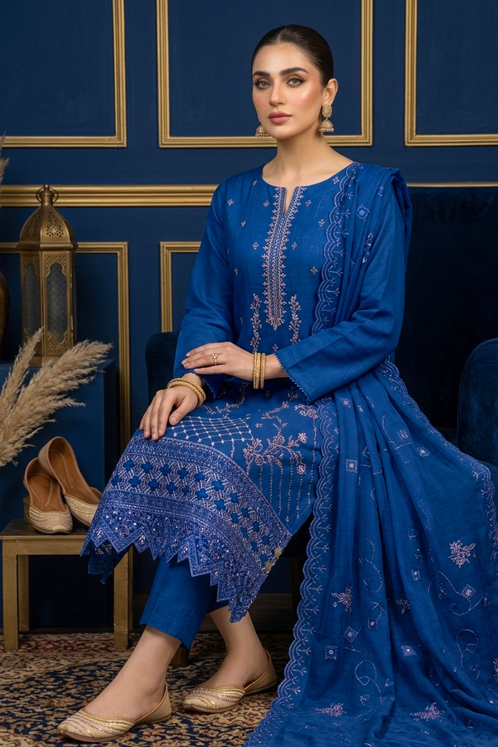 Cobalt Blue – Premium Unstitched Embroidered Lawn 3PC Dress with Printed Dupatta