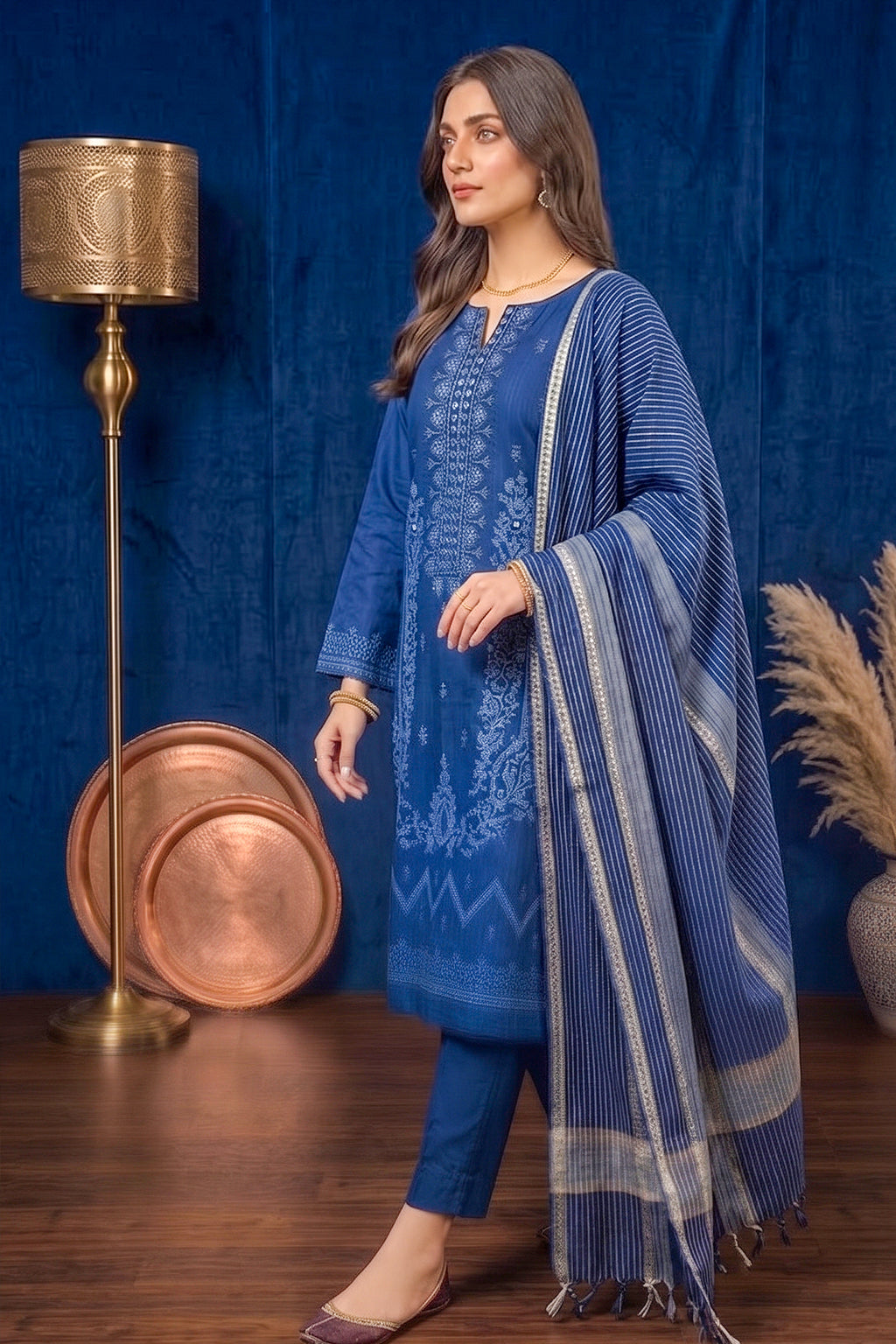 Periwinkle Blue – Premium Unstitched Embroidered Lawn 3PC Dress with Printed Dupatta