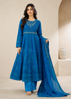 Ocean Grace – Teal Luxury Chiffon Maxi 3PC Set with Embroidered Dupatta & Silk Trouser