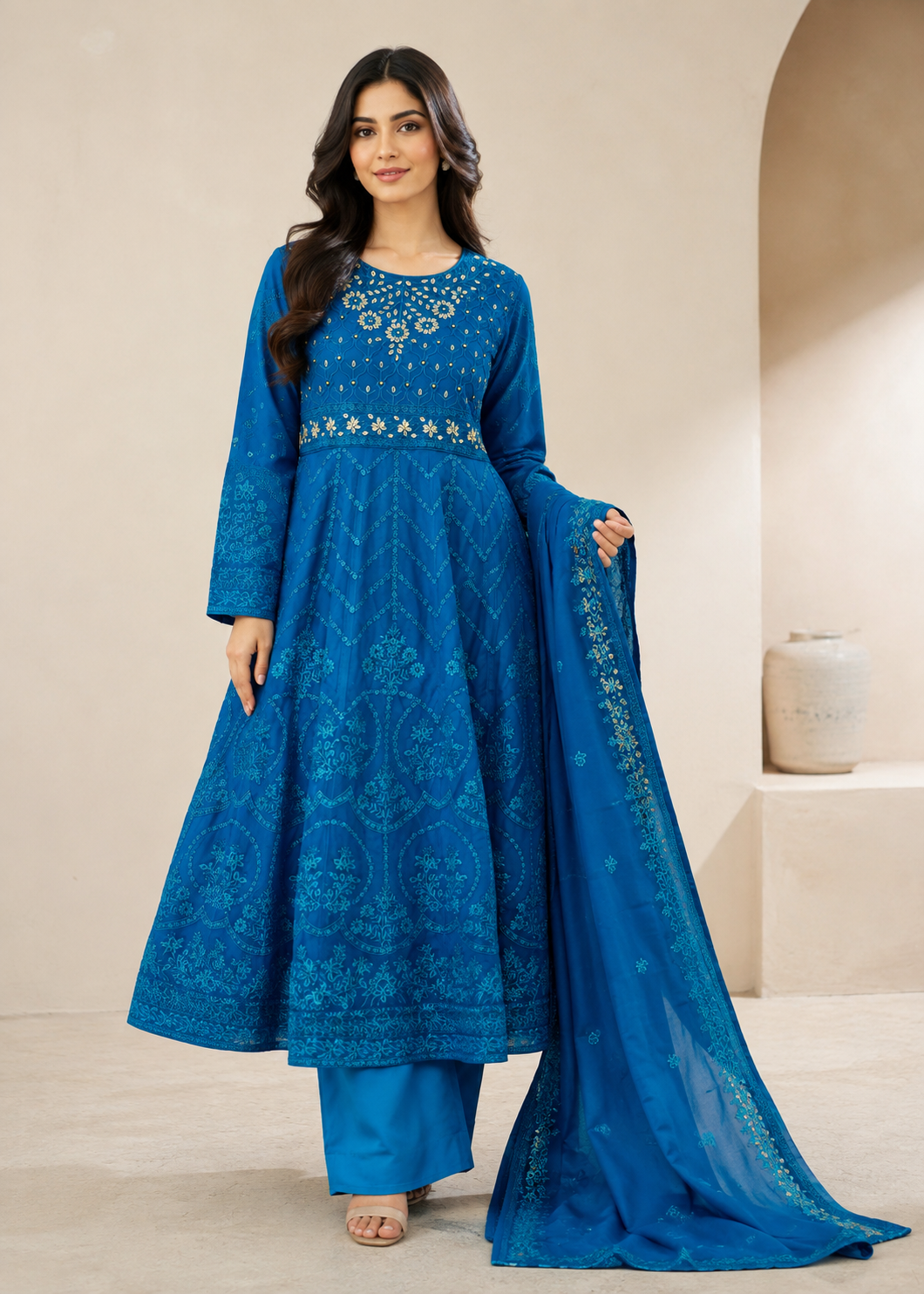 Ocean Grace – Teal Luxury Chiffon Maxi 3PC Set with Embroidered Dupatta & Silk Trouser