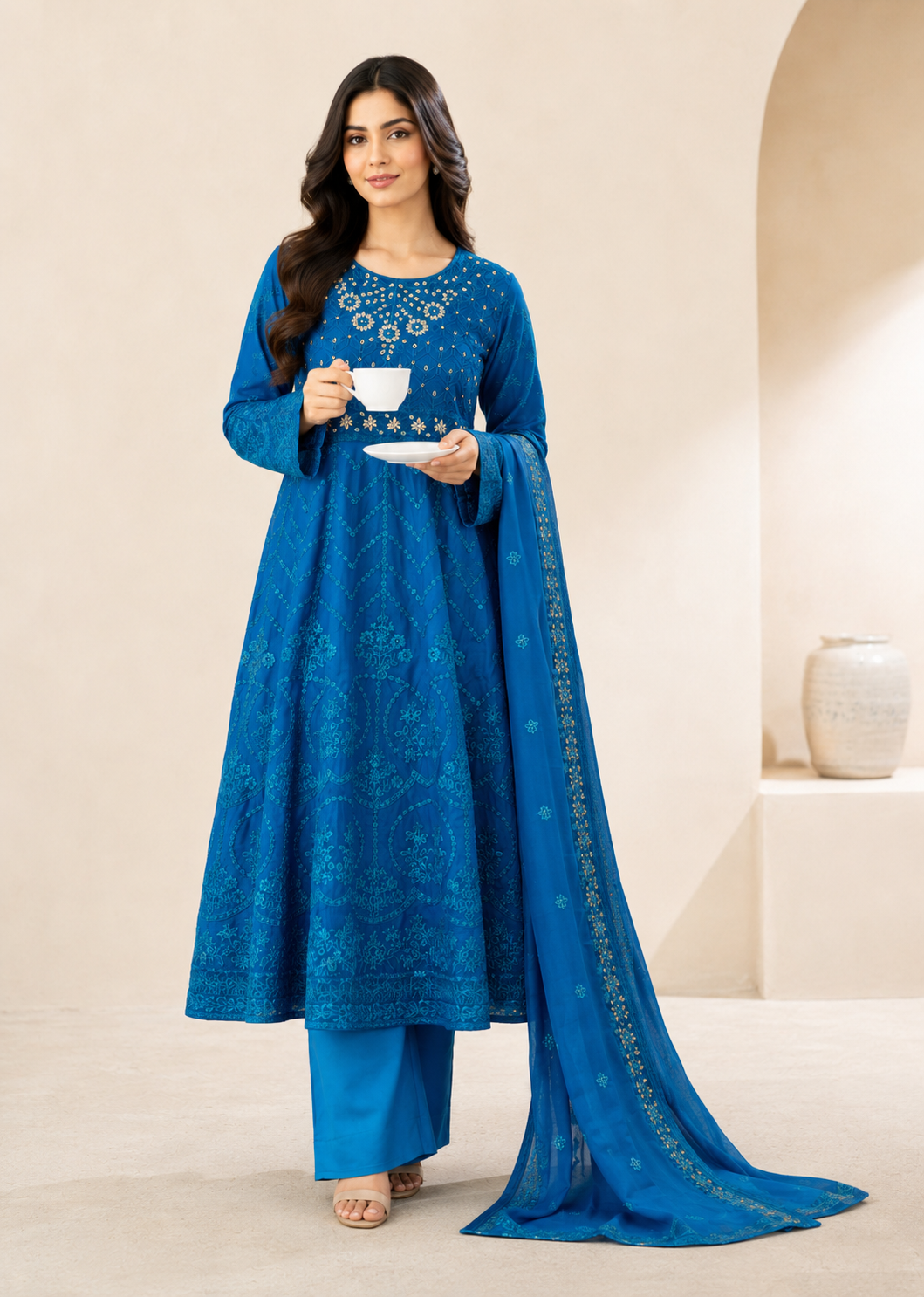 Ocean Grace – Teal Luxury Chiffon Maxi 3PC Set with Embroidered Dupatta & Silk Trouser