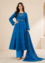 Ocean Grace – Teal Luxury Chiffon Maxi 3PC Set with Embroidered Dupatta & Silk Trouser