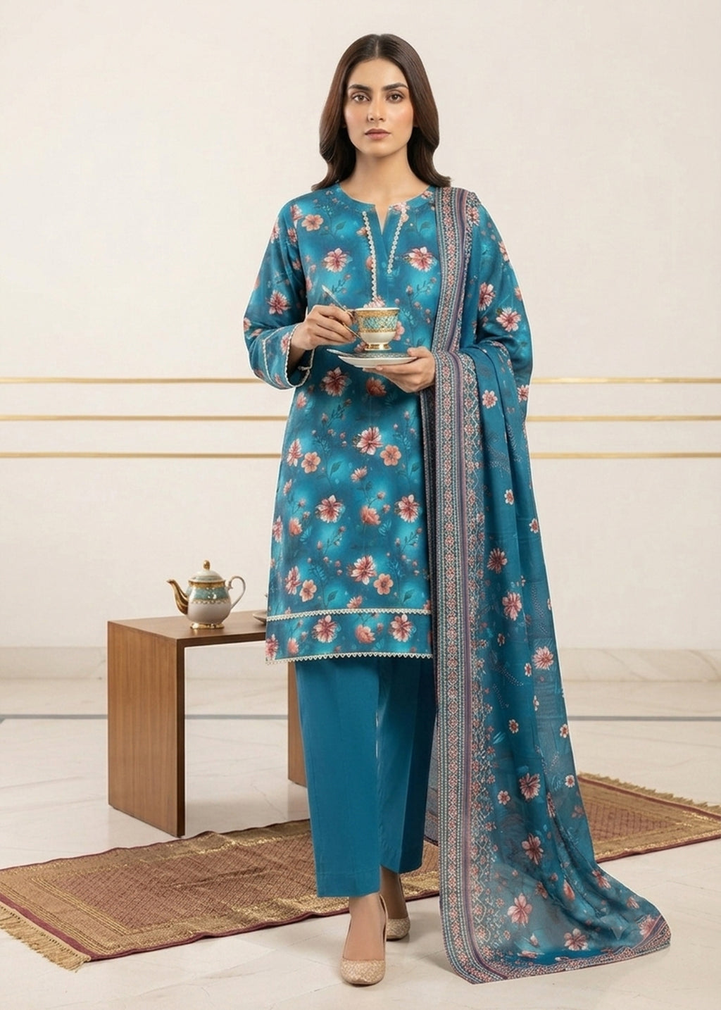 Teal Floral Printed Lawn Kurta Set with Dupatta