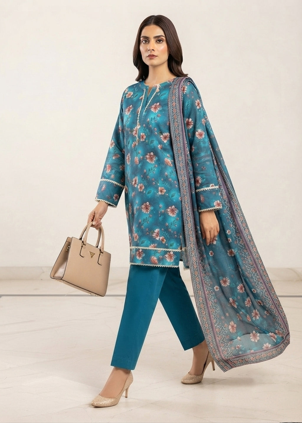 Teal Floral Printed Lawn Kurta Set with Dupatta