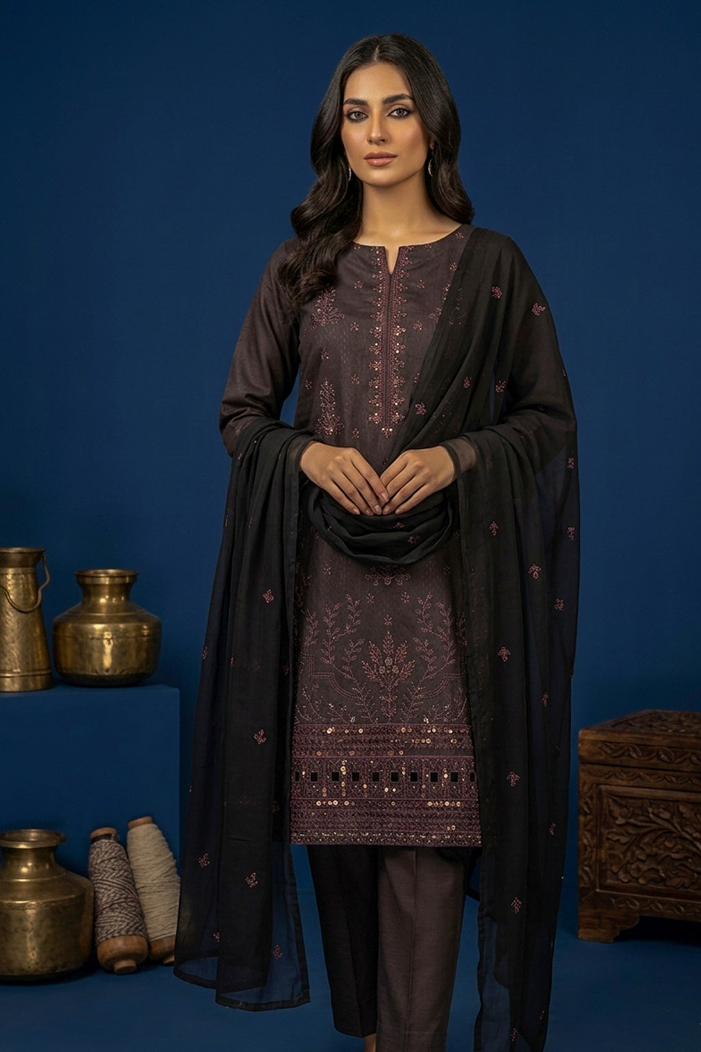 Dark Espresso Brown – Premium Unstitched Embroidered Lawn 3PC Dress with Lawn Dupatta