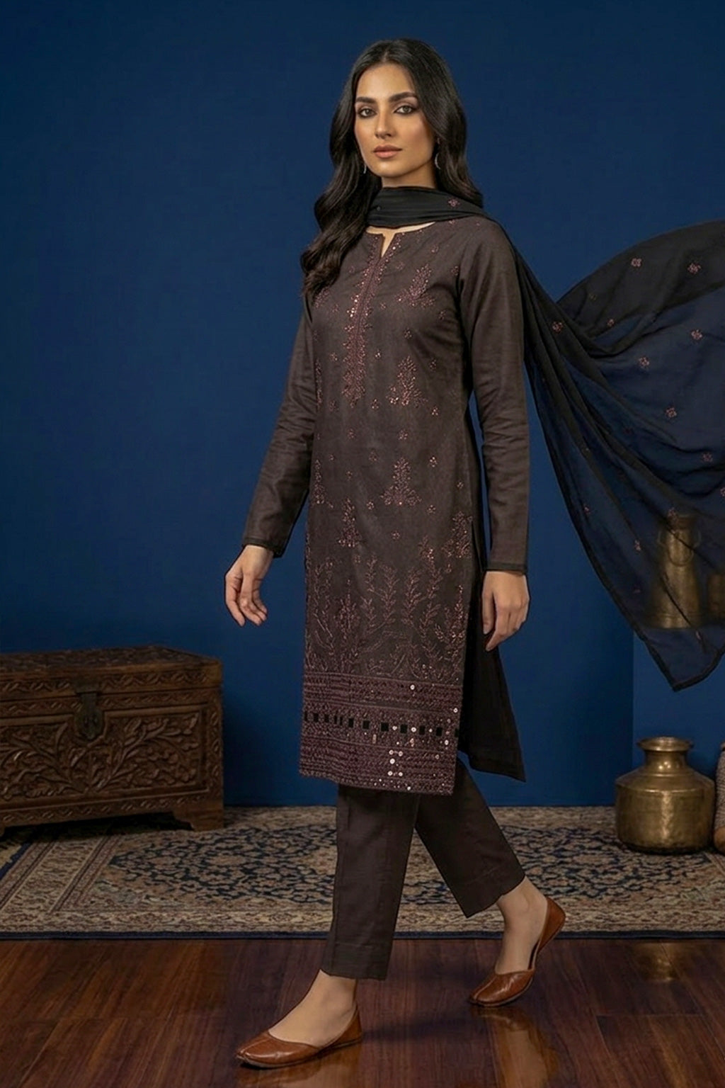 Dark Espresso Brown – Premium Unstitched Embroidered Lawn 3PC Dress with Lawn Dupatta