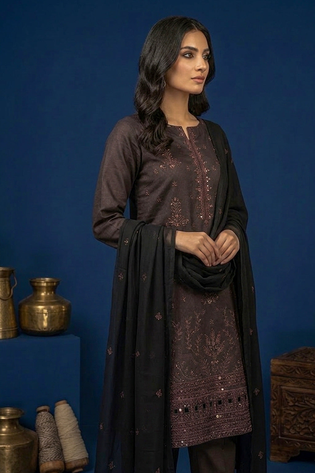 Dark Espresso Brown – Premium Unstitched Embroidered Lawn 3PC Dress with Lawn Dupatta