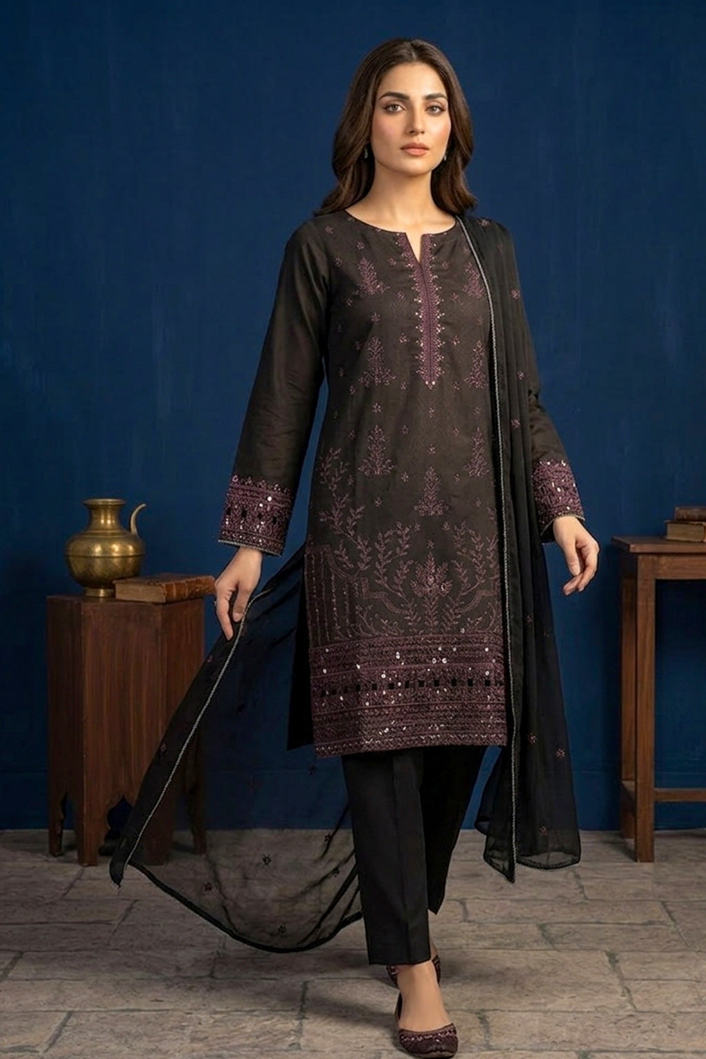 Dark Espresso Brown – Premium Unstitched Embroidered Lawn 3PC Dress with Lawn Dupatta