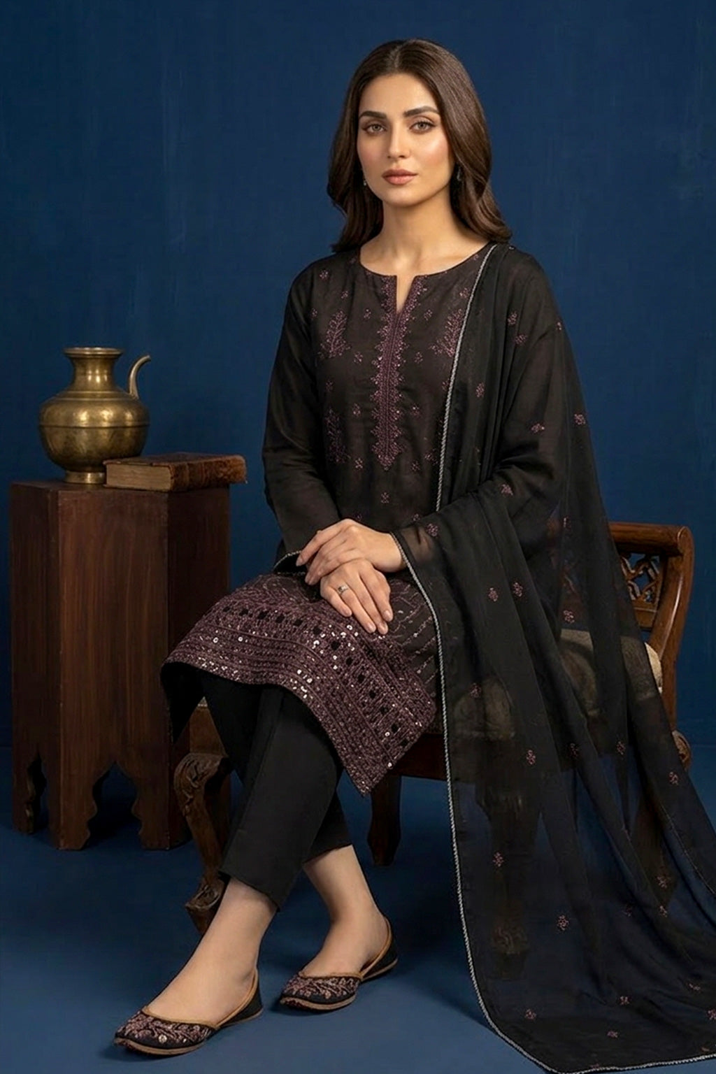 Dark Espresso Brown – Premium Unstitched Embroidered Lawn 3PC Dress with Lawn Dupatta
