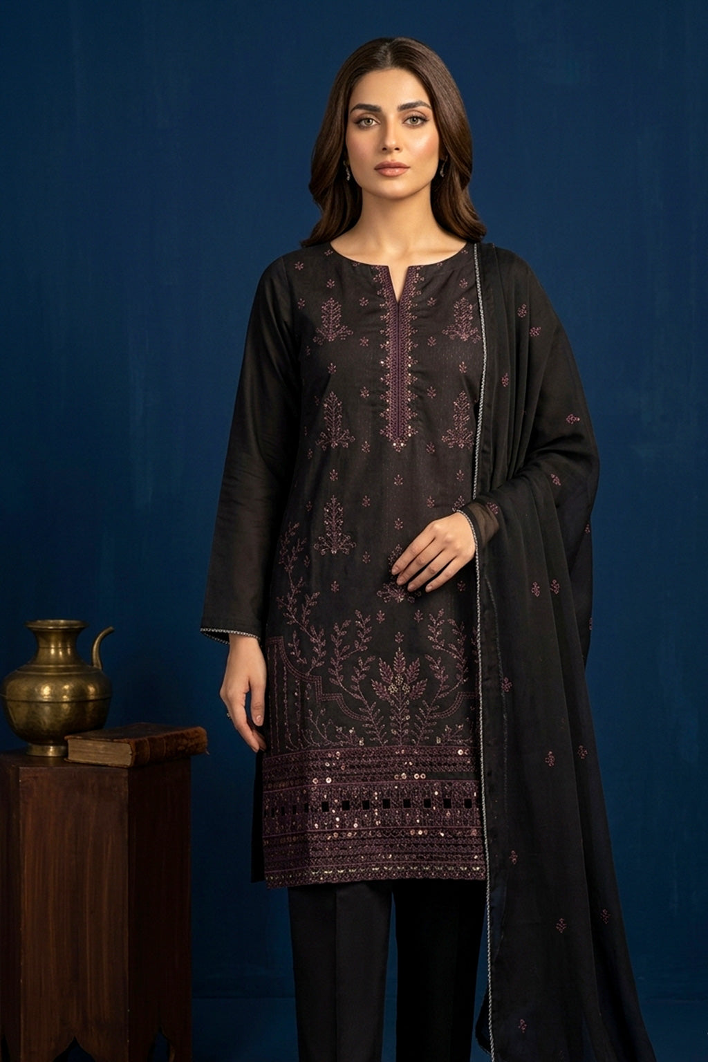 Dark Espresso Brown – Premium Unstitched Embroidered Lawn 3PC Dress with Lawn Dupatta