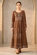 Cinnamon Brown Embroidered Formal Maxi Dress with Embroidered Dupatta & Trouser