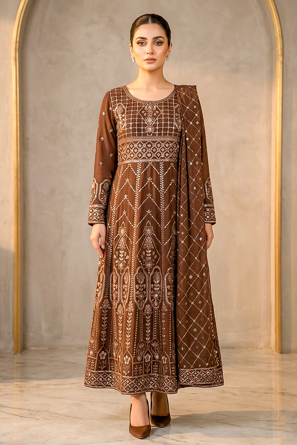 Cinnamon Brown Embroidered Formal Maxi Dress with Embroidered Dupatta & Trouser