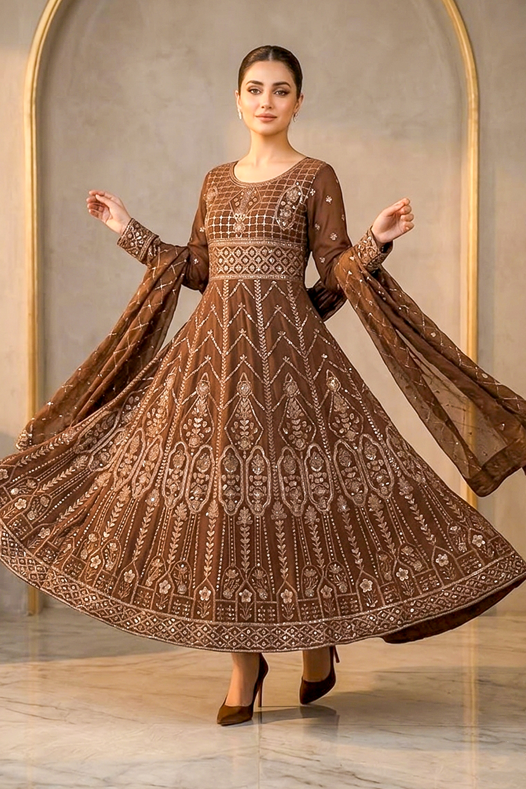 Cinnamon Brown Embroidered Formal Maxi Dress with Embroidered Dupatta & Trouser