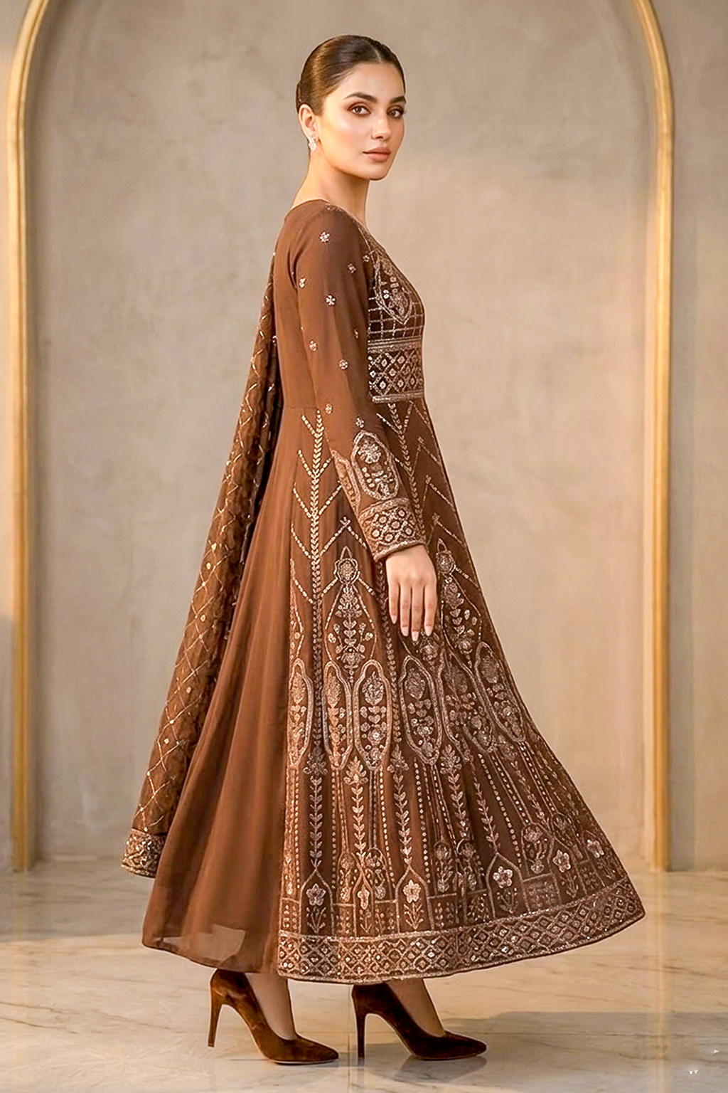 Cinnamon Brown Embroidered Formal Maxi Dress with Embroidered Dupatta & Trouser