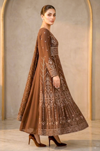 Cinnamon Brown Embroidered Formal Maxi Dress with Embroidered Dupatta & Trouser