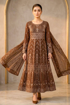 Cinnamon Brown Embroidered Formal Maxi Dress with Embroidered Dupatta & Trouser