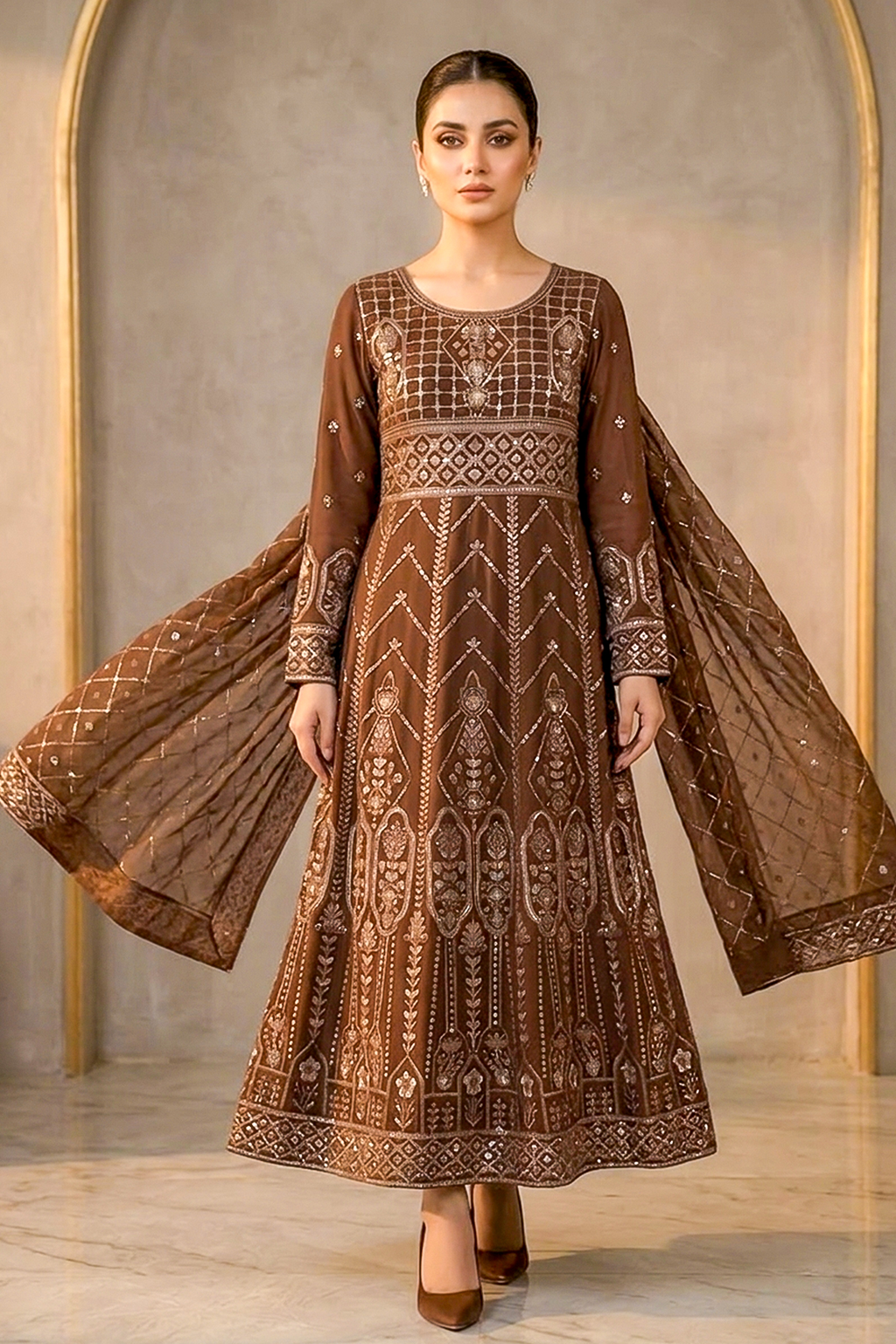 Cinnamon Brown Embroidered Formal Maxi Dress with Embroidered Dupatta & Trouser