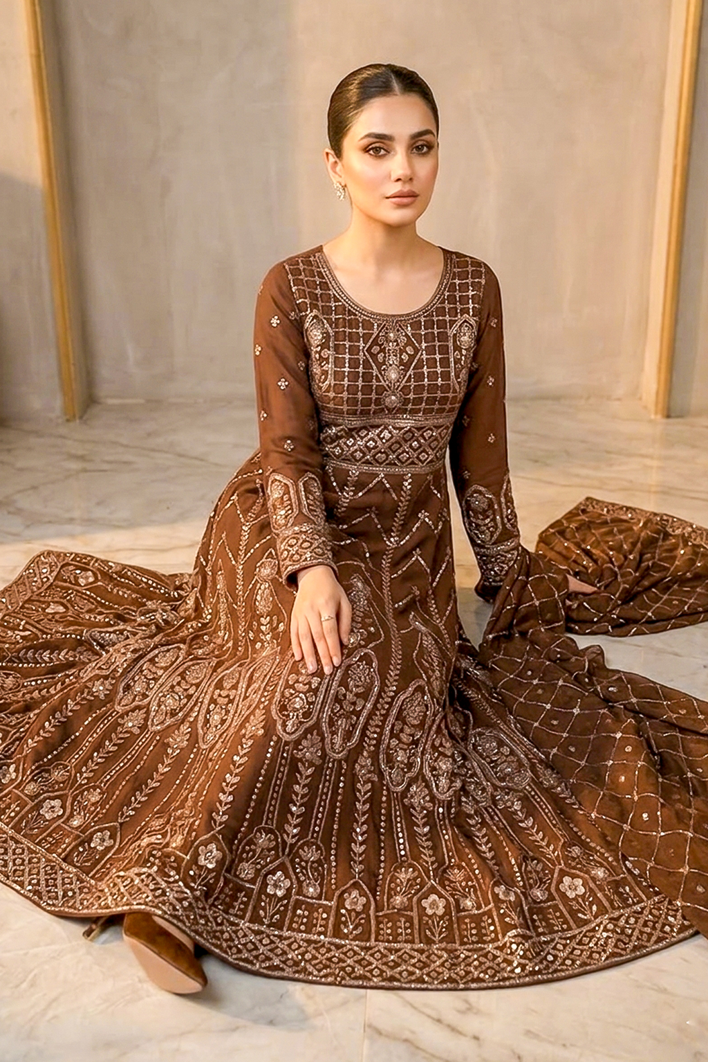 Cinnamon Brown Embroidered Formal Maxi Dress with Embroidered Dupatta & Trouser