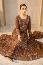 Cinnamon Brown Embroidered Formal Maxi Dress with Embroidered Dupatta & Trouser