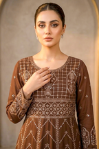 Cinnamon Brown Embroidered Formal Maxi Dress with Embroidered Dupatta & Trouser