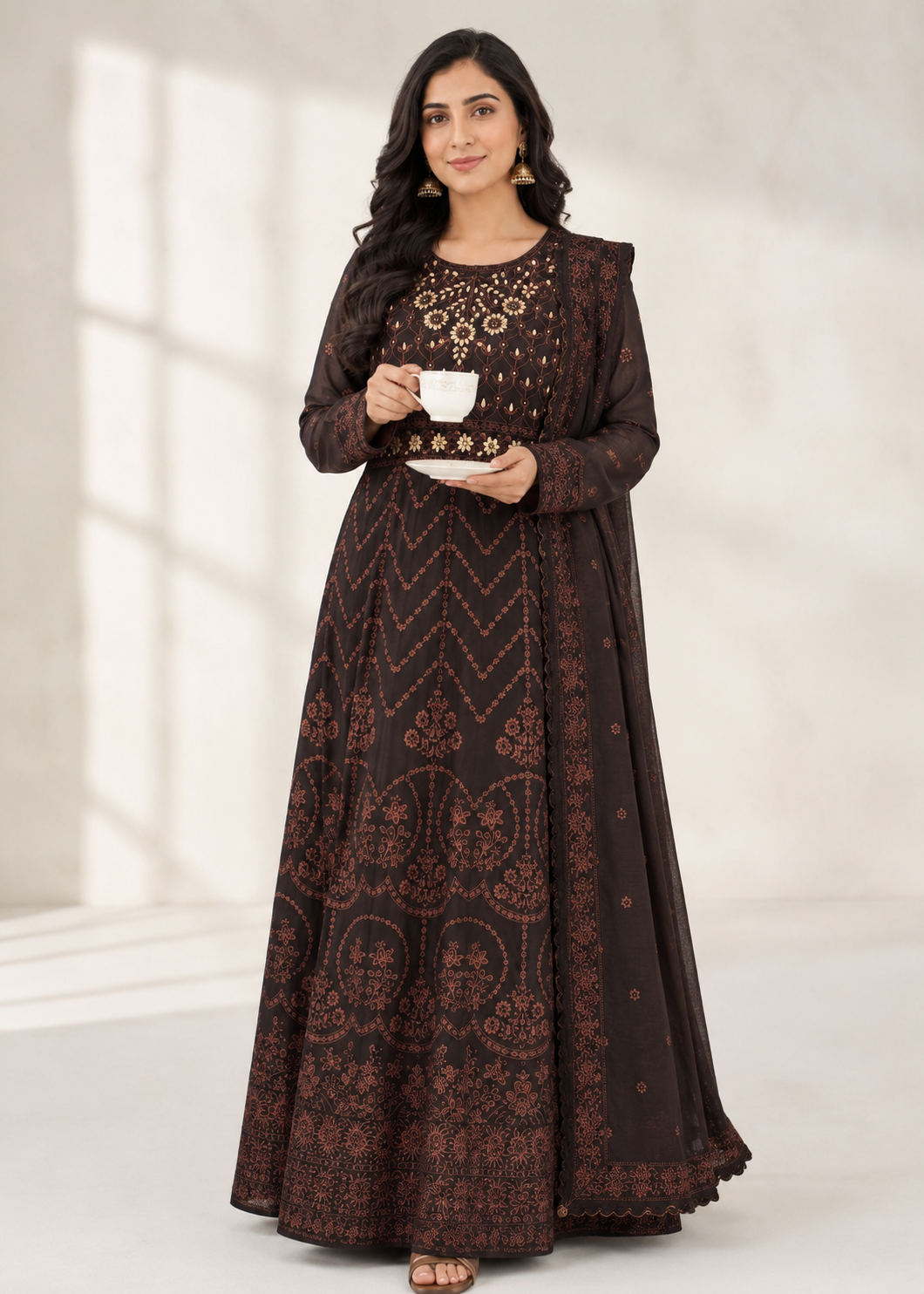 Chestnut Charm Sequin Embroidered Maxi 3PC