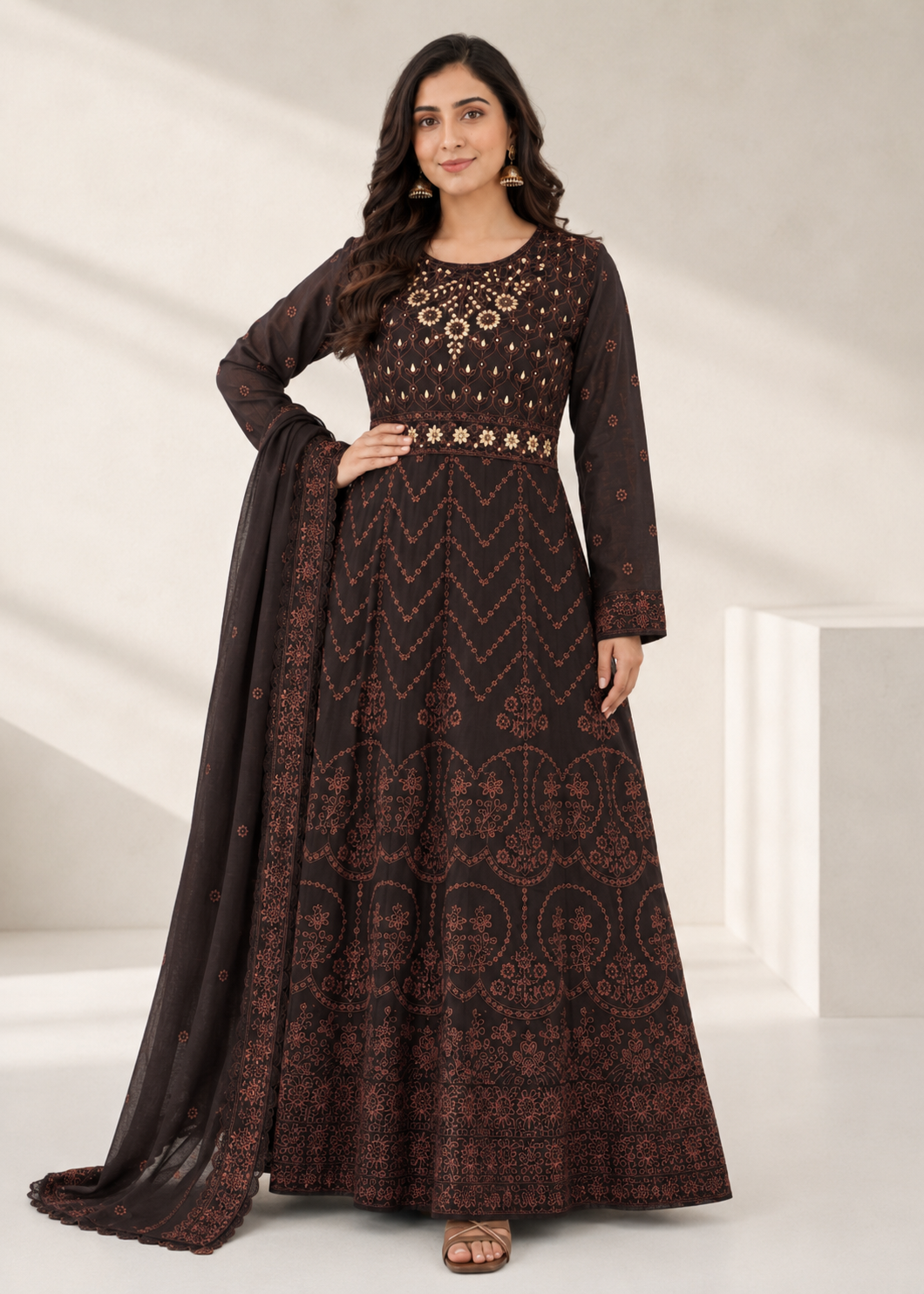 Chestnut Charm Sequin Embroidered Maxi 3PC