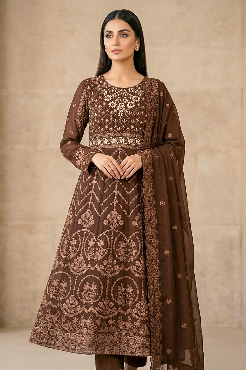 Dark Chocolate Brown Luxury Embroidered Formal Maxi Dress with Embroidered Dupatta & Trouser