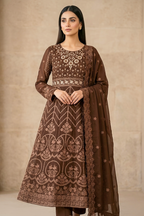 Dark Chocolate Brown Luxury Embroidered Formal Maxi Dress with Embroidered Dupatta & Trouser