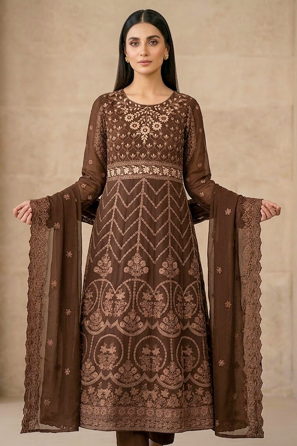 Dark Chocolate Brown Luxury Embroidered Formal Maxi Dress with Embroidered Dupatta & Trouser