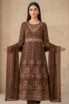 Dark Chocolate Brown Luxury Embroidered Formal Maxi Dress with Embroidered Dupatta & Trouser